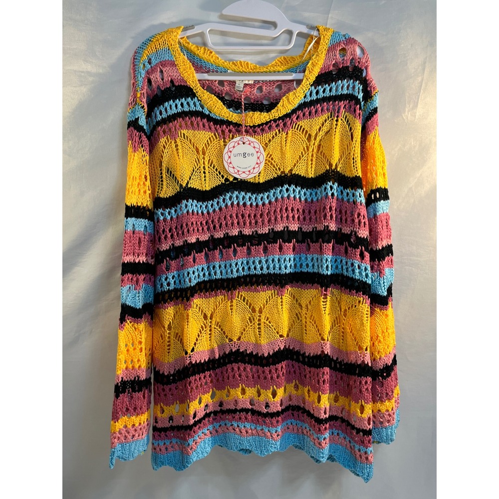 Umgee USA Women's L Multi Color Crochet Open Knit Sweater Loose Fit Long Sleeve